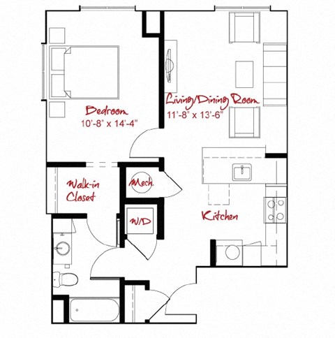 Floor plan for 1 bed, 1 bath, 689 sqft